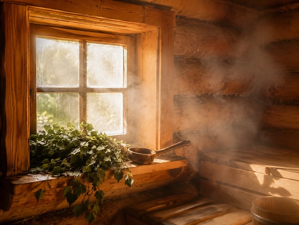 Деревянное окно в бане